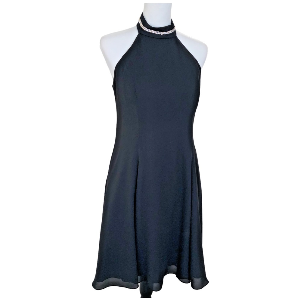Vintage‎ Positively Ellyn Black Flowy A-Line Halter Rhinestone Party Dress Sz 12
